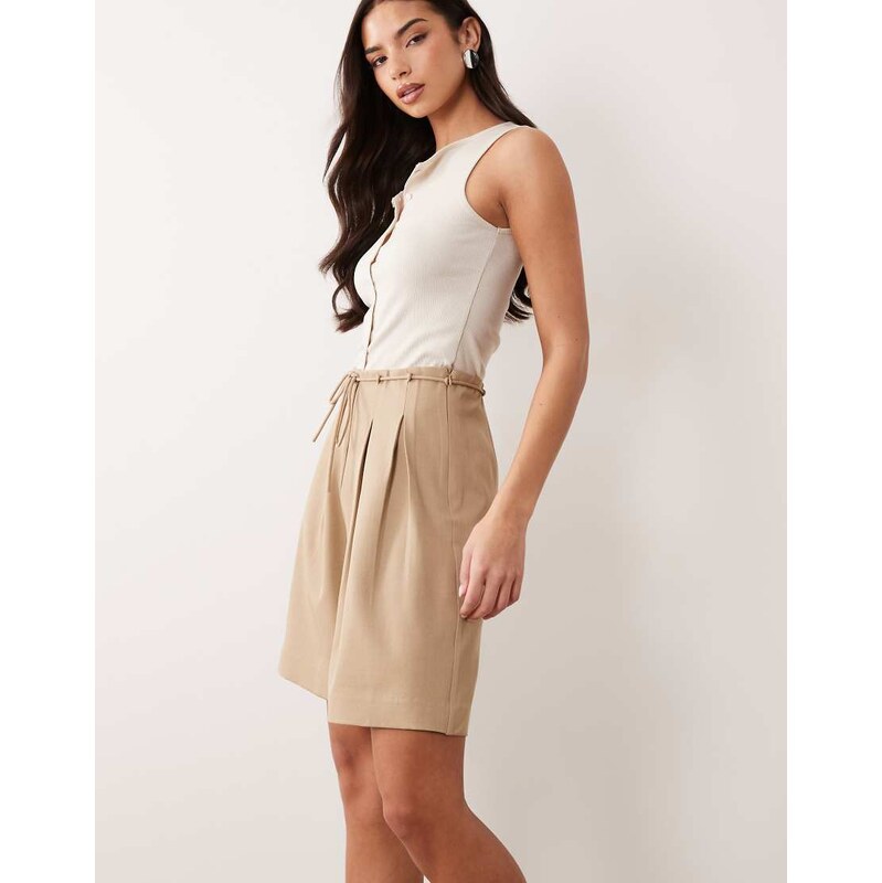 YAS high waisted tie belt detail shorts in beige-Neutral