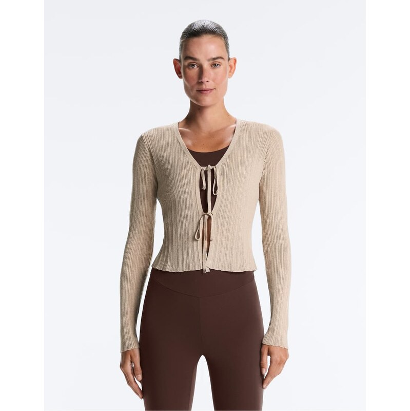 OYSHO Front tie knit rib cardigan in sandy-Brown 114684073
