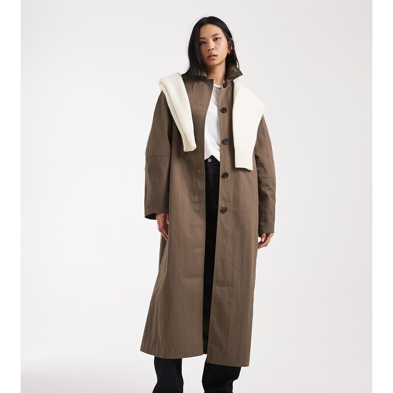 ASOS Tall ASOS DESIGN Tall pleat detail longline trench in mushroom 114683776