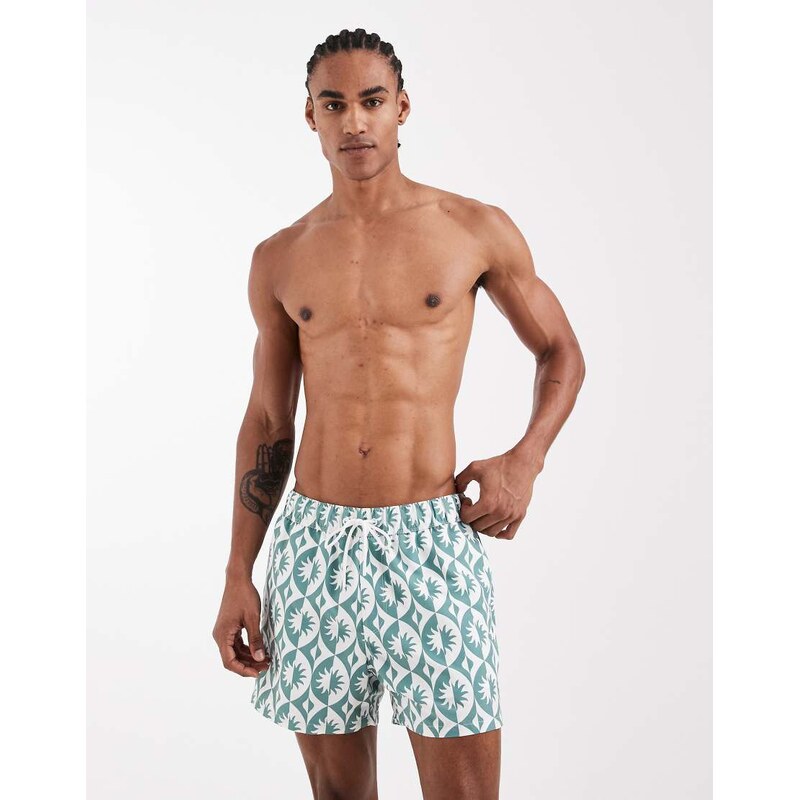ASOS DESIGN swim shorts in short length in geo print in sage