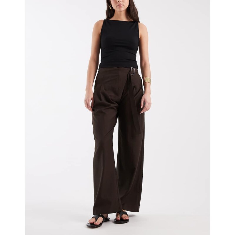 ASOS DESIGN tailored wide leg wrap front trousers with buckle