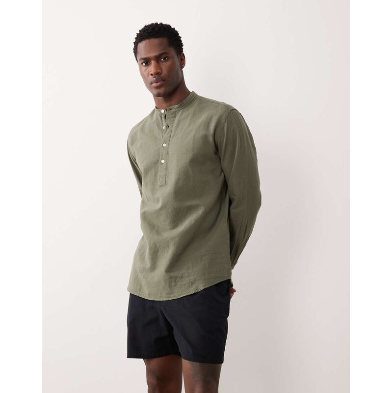 Jack & Jones linen blend overhead shirt in khaki-Green