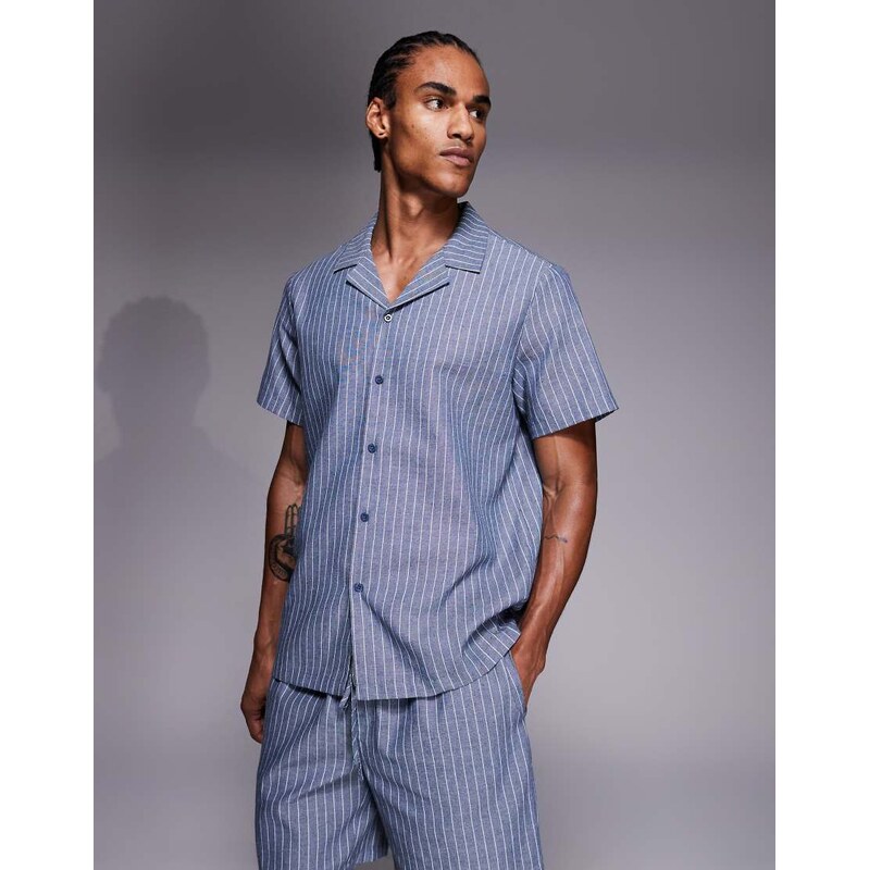 South Beach short sleeve linen shirt in faded blue stripe