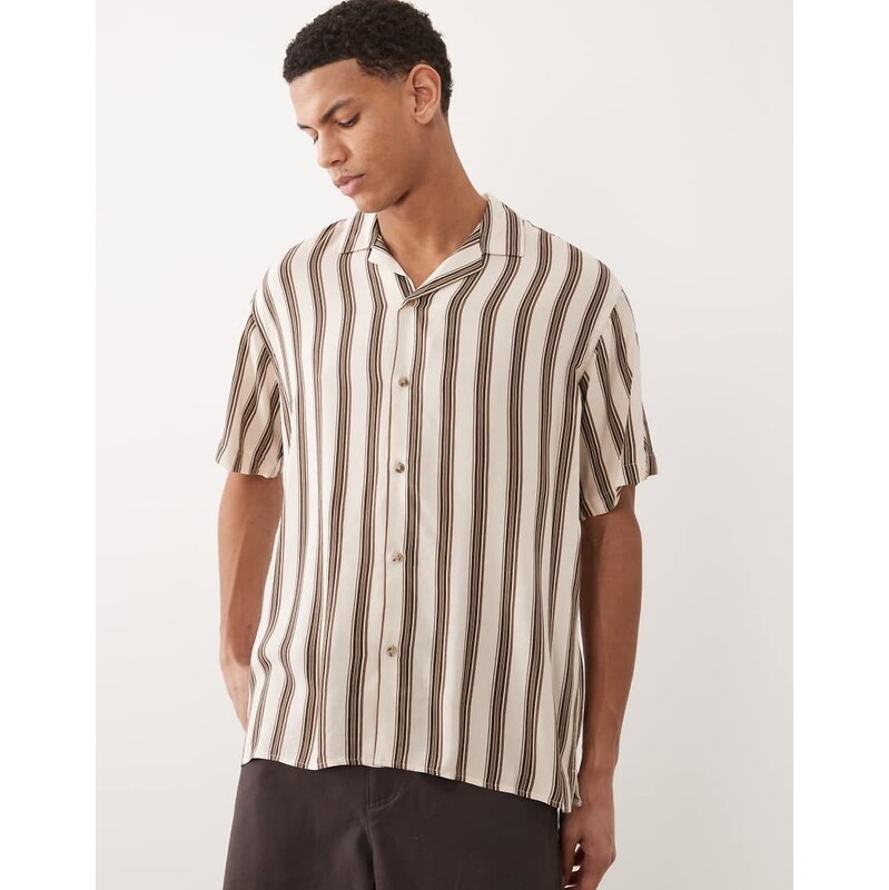 Jack & Jones stripe shirt with short sleeves in cream-White