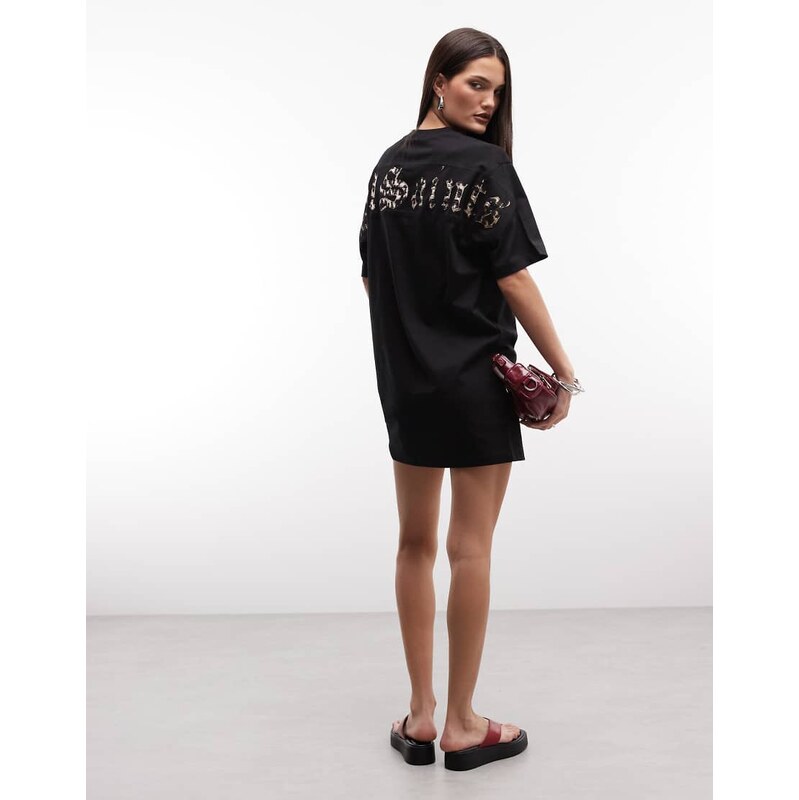 AllSaints Fuse leopard print back graphic mini t-shirt dress in black 114683964