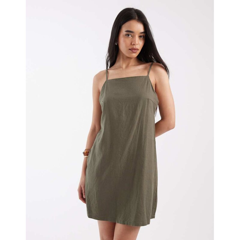 JJXX linen blend mini dress in khaki-Green
