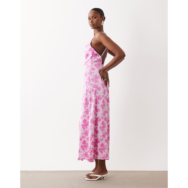 Vila satin cowl neck maxi dress in pale pink ditsy floral print