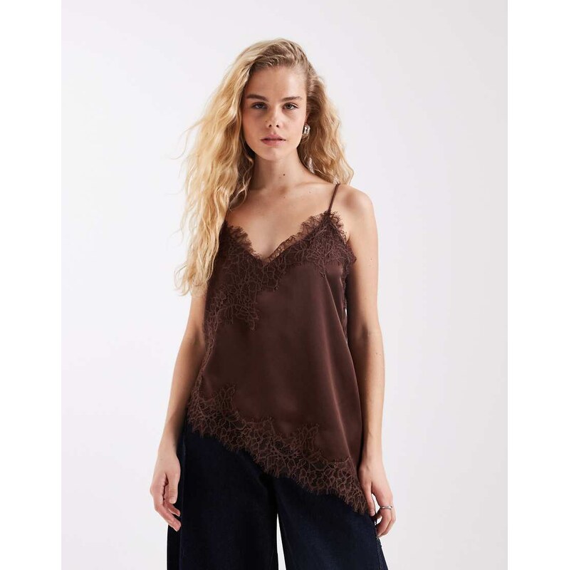 Vero Moda asymmetric lace trim satin cami top in brown 114688292