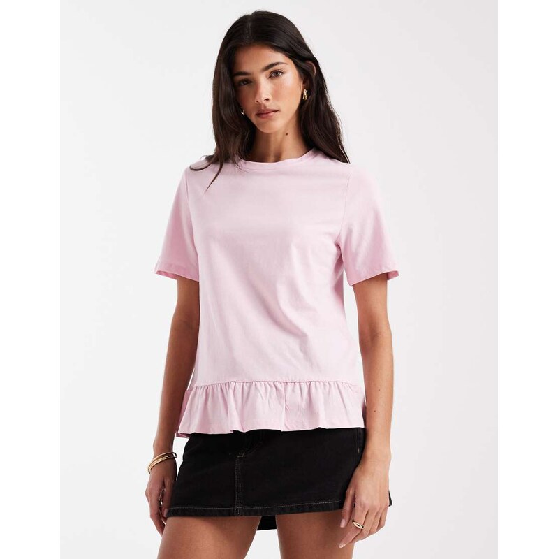 Pieces frill trim t-shirt in roseate pink