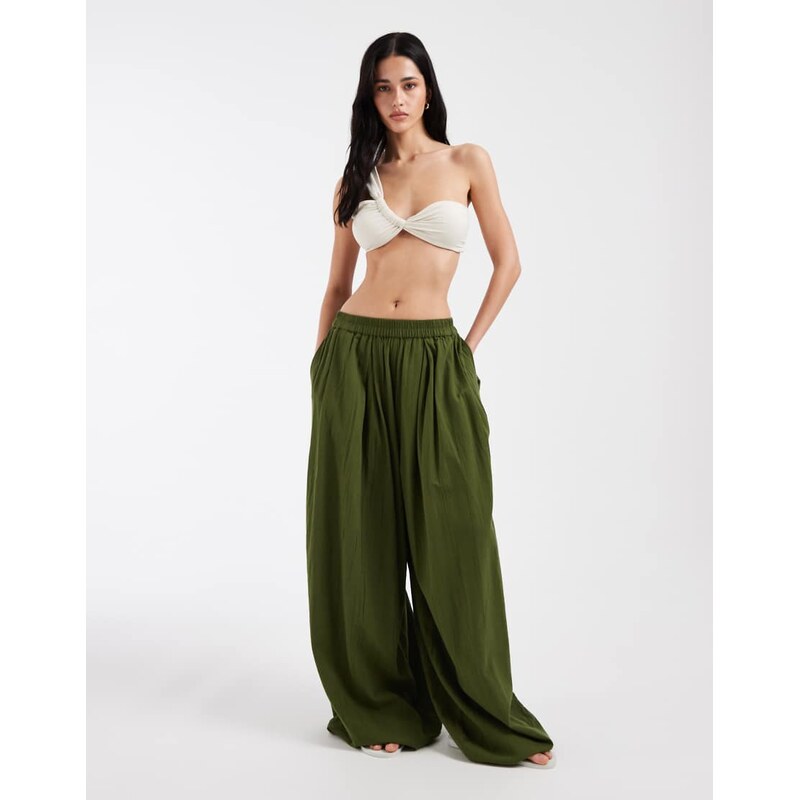 Pieces crinkle cotton balloon sleeve trousers in chive green 115529576
