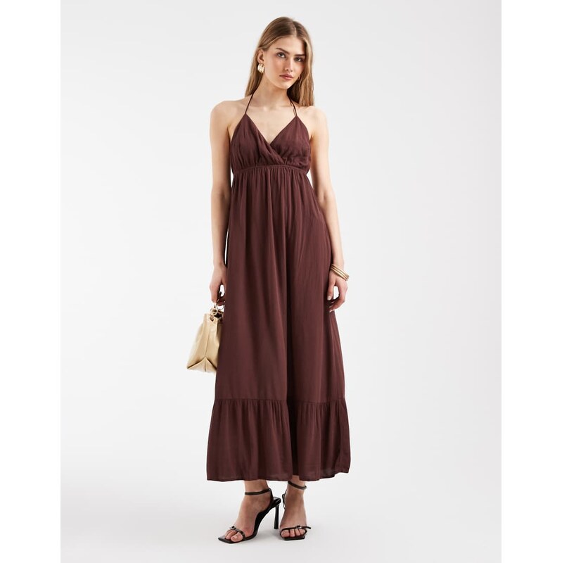 Pieces crinkle halter maxi dress in deep mahogany brown