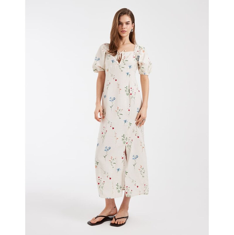 Vero Moda puff sleeve tie front detail maxi dress in cream