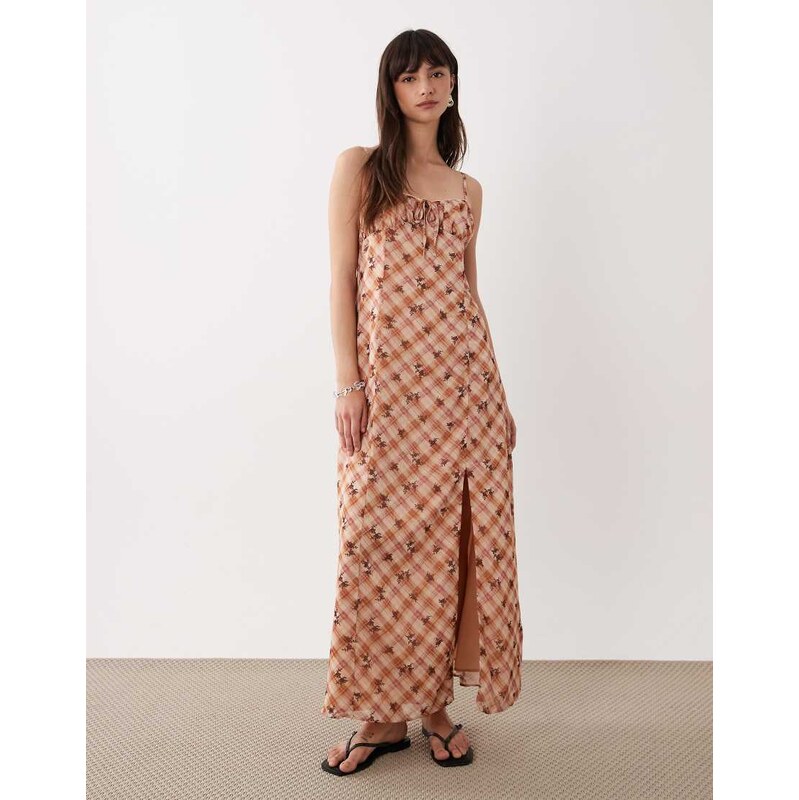 Miss Selfridge tie front maxi dress in floral check print-Multi