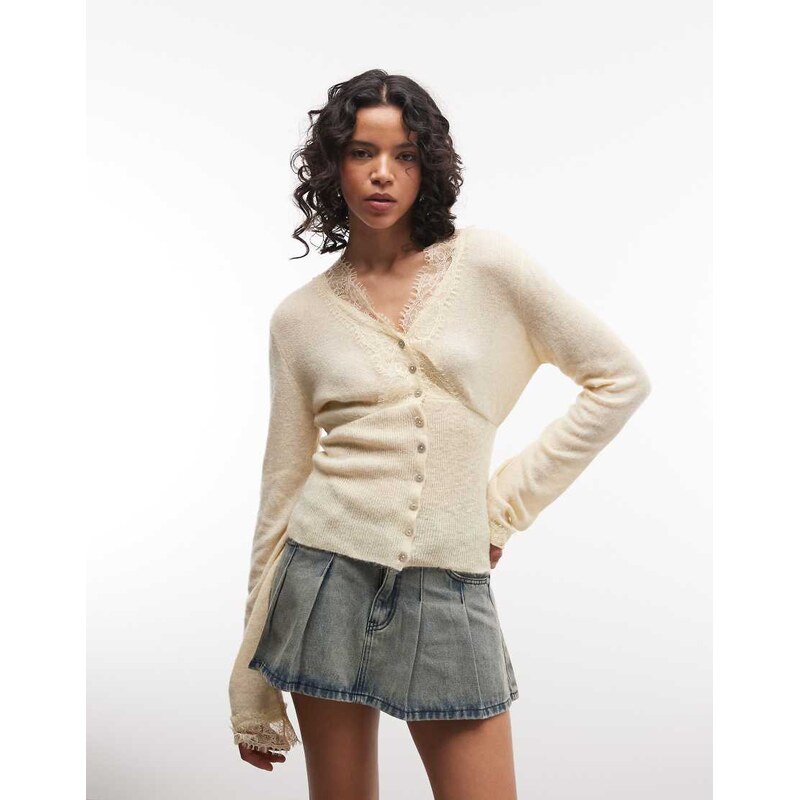 Reclaimed Vintage lace trim cardigan in butter yellow 114684061
