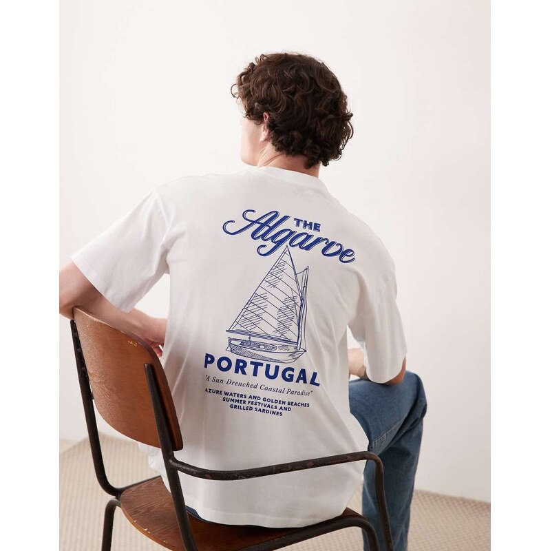 Jack & Jones algarve back print t-shirt in white and blue