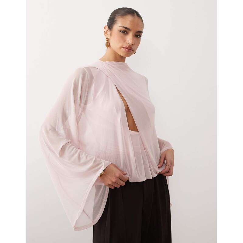 ASOS DESIGN mesh cowl drape blouson mesh top in pink