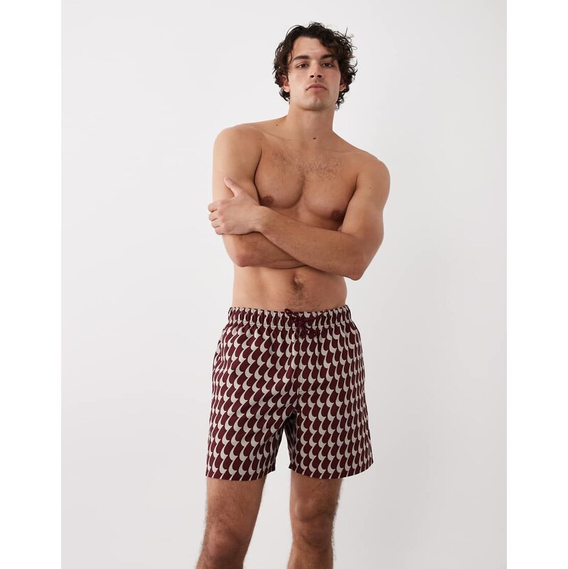 ASOS DESIGN swim shorts in mid length in wavey burgundy print