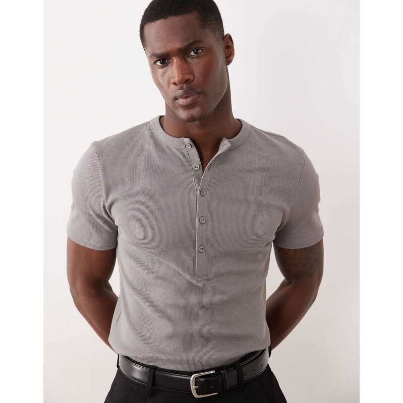 ASOS DESIGN muscle fit t-shirt with henley neck in charcoal rib