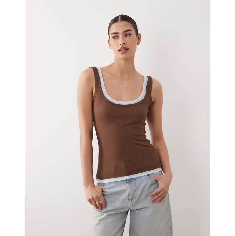 ASOS DESIGN double layer vest top in light blue and chocolate