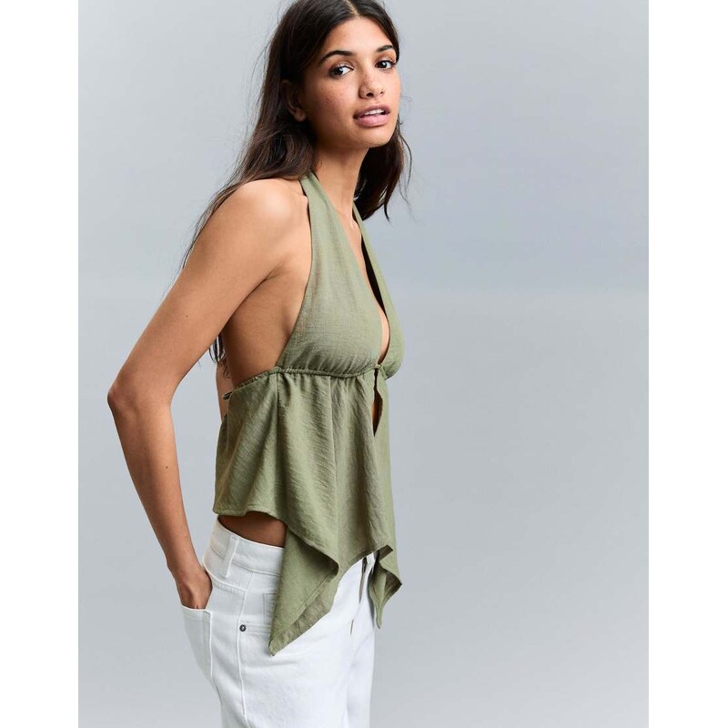 Bershka Halter neck tie top in khaki-Green