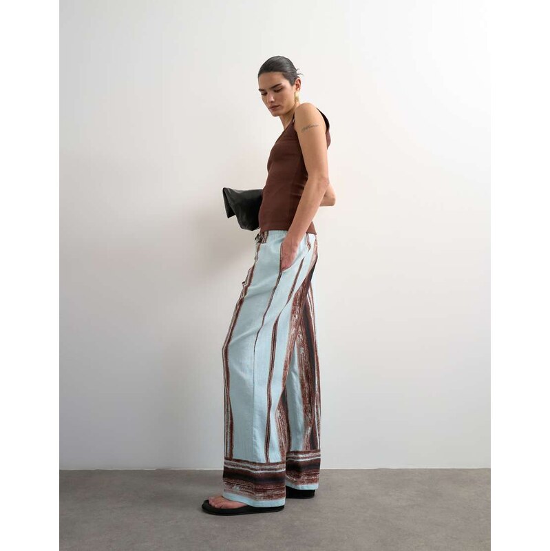 Topshop linen blue painted stripe straight leg trouser with deep