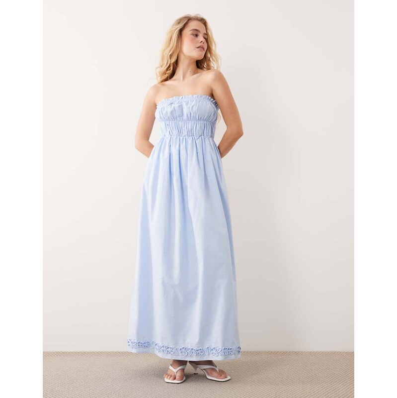 SNDYS linen blend bandeau shirred detail maxi dress in baby blue 114789779