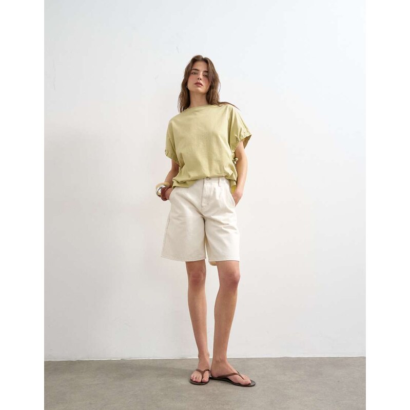 Topshop denim pleated longline short in white