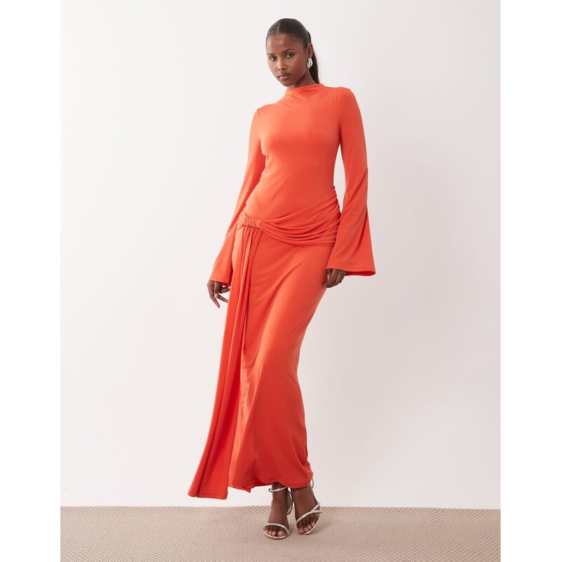 Daska slinky long sleeve high neck twist drape detail maxi dress