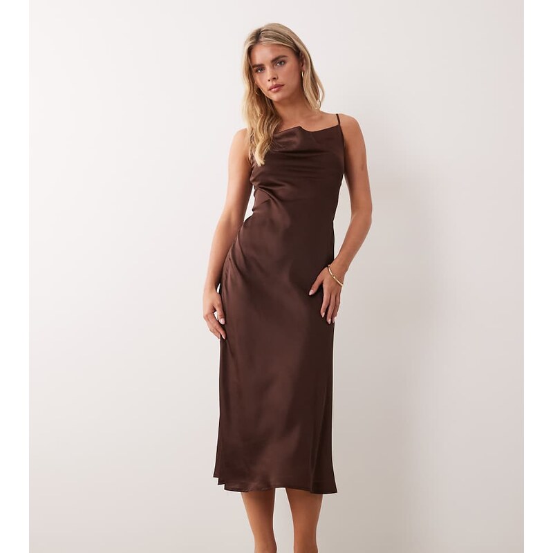 New Look Petite satin cowl neck midi dress in brown