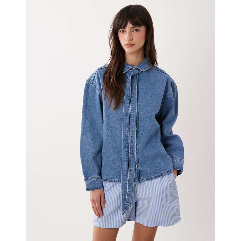 Miss Selfridge long sleeve denim shirt with bow-Blue