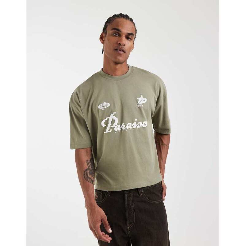 ASOS DESIGN boxy oversized t-shirt with football graphic in dark