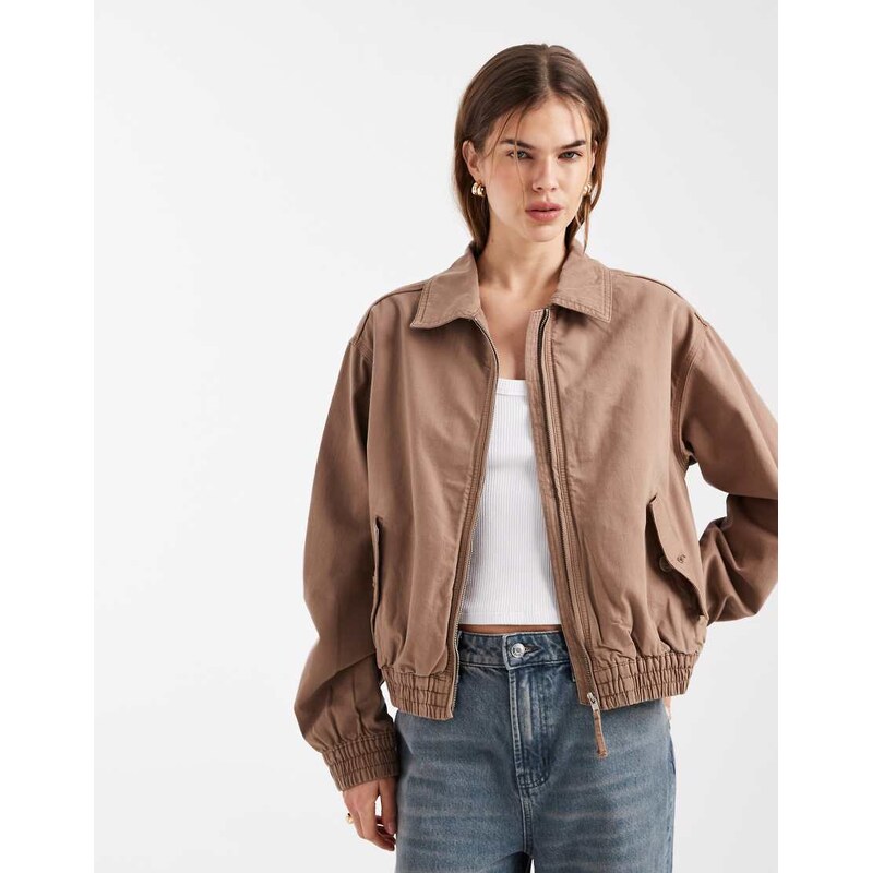 ASOS DESIGN washed cotton bomber jacket in brown