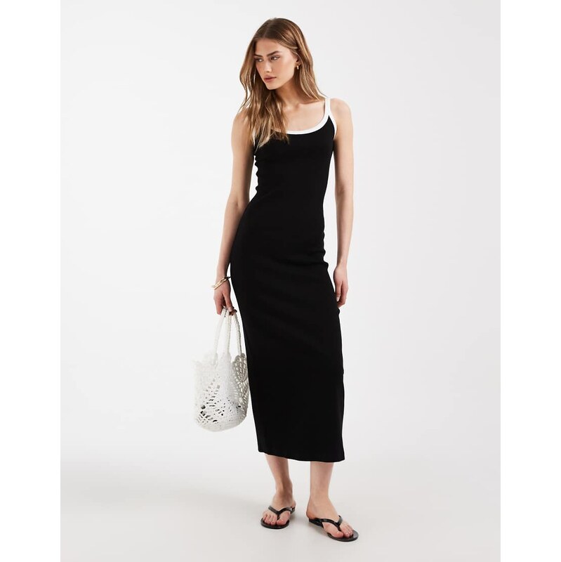 ASOS DESIGN contrast trim rib midi dress in black with white