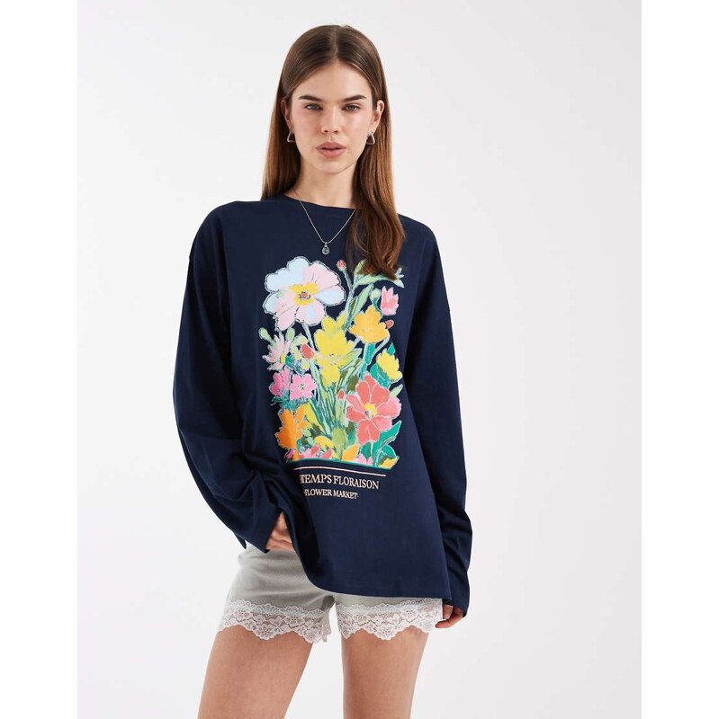 ASOS DESIGN long sleeve t-shirt with floral graphic in navy