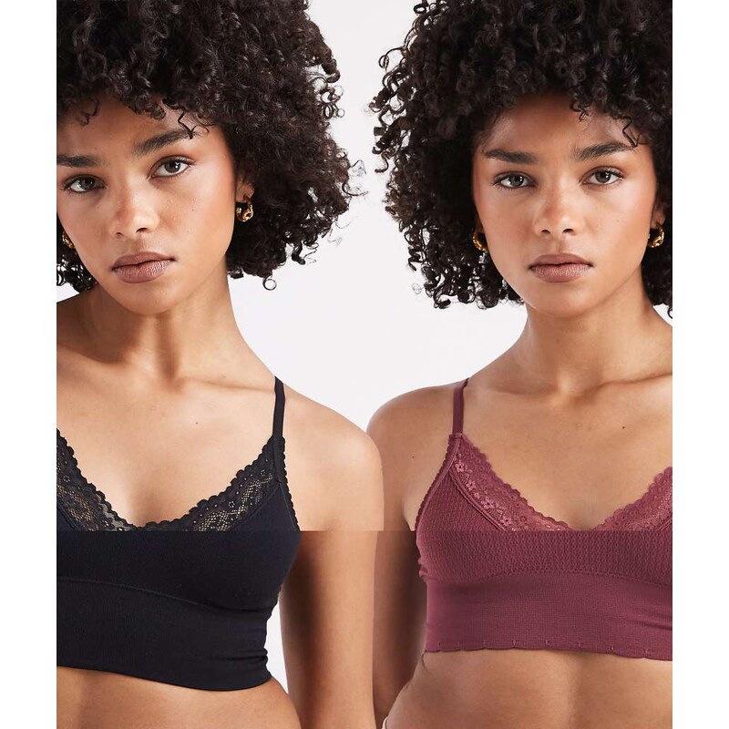 Cotton On 2 pack seamless longline lace trim bralettes in black and 114688009
