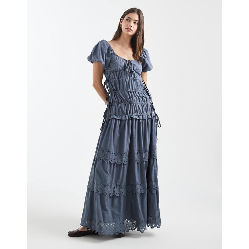 Daisy Street broderie shirred maxi dress with puff sleeves in blue 114688058