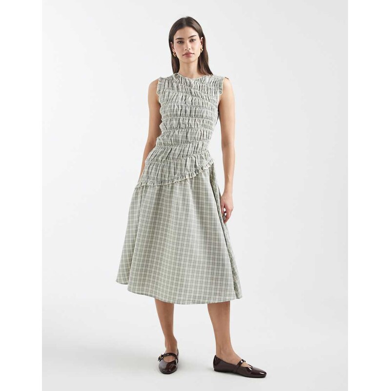 Daisy Street asymmetric midi dress with ruffle detailing in grey check 114688054