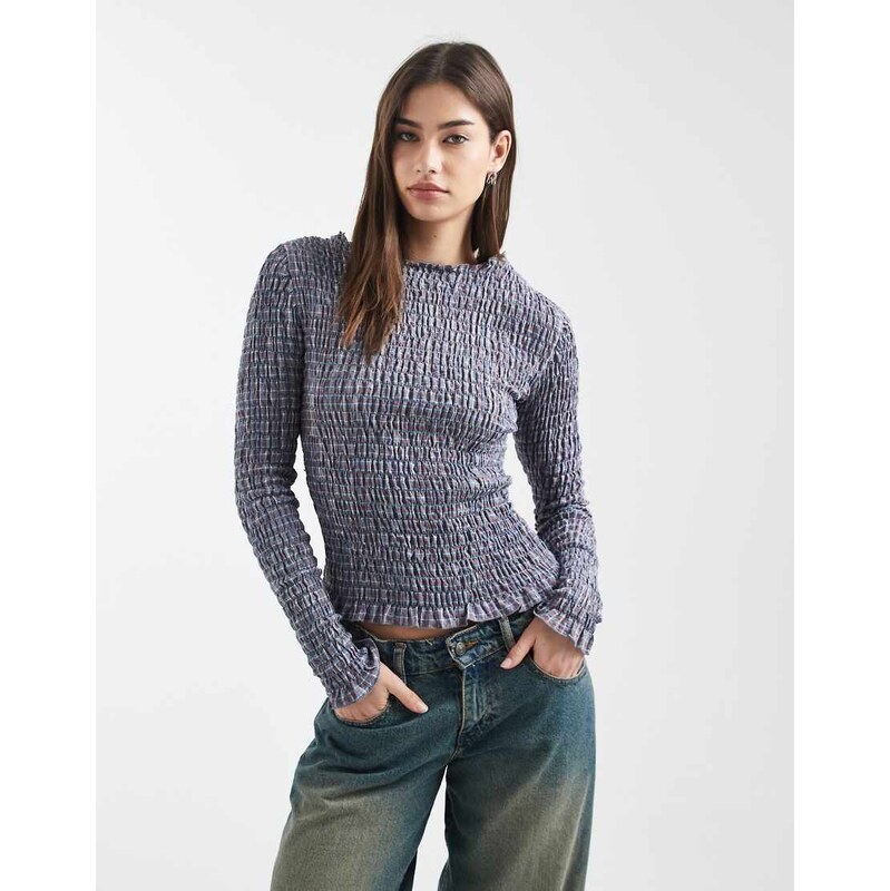 Daisy Street long sleeve shirred top in blue red check-Multi