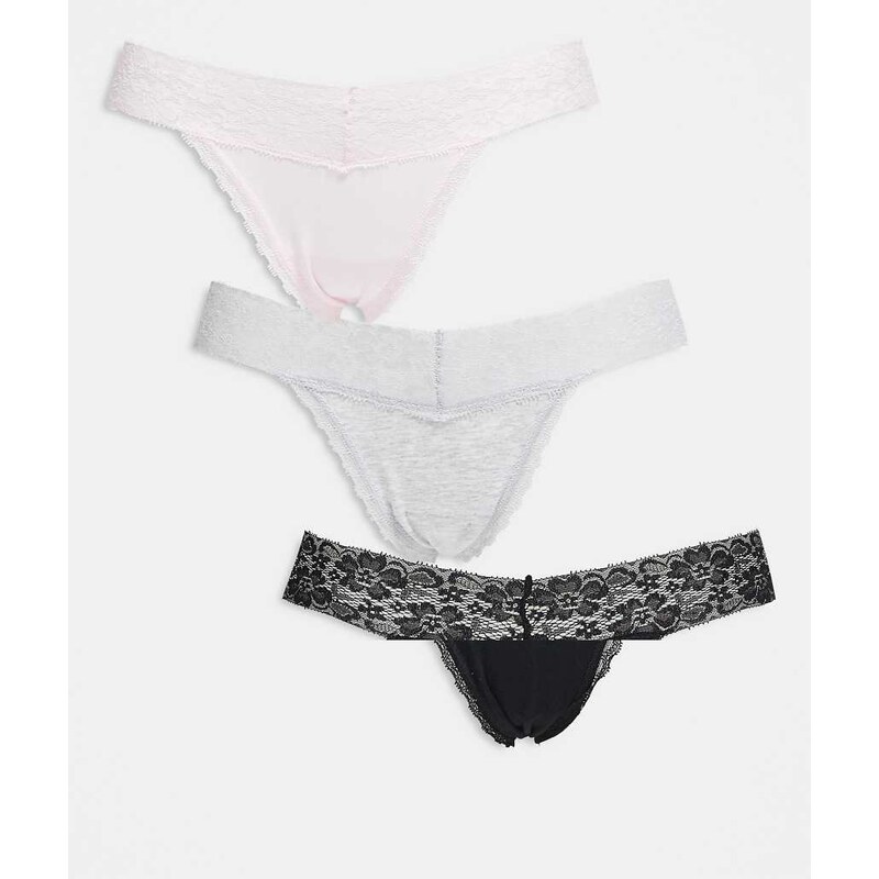 Cotton On 3 pack lace comfy g string brief set in grey, black and pink 114688077