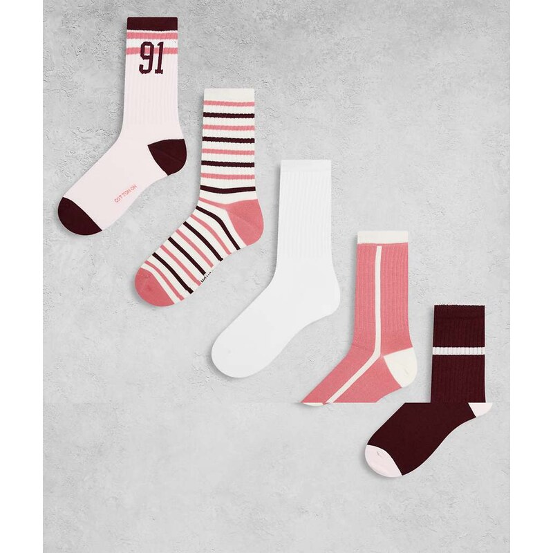 Cotton On 5 pack socks in burgundy mix-Red 114688078