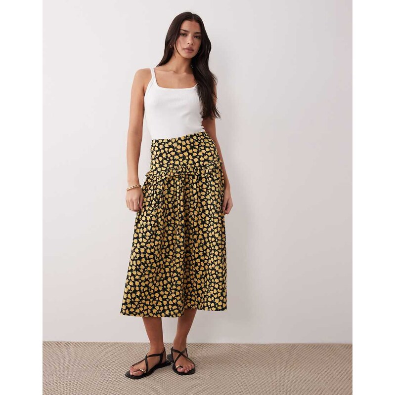 Wednesdays Girl ruffle midi skirt in yellow floral