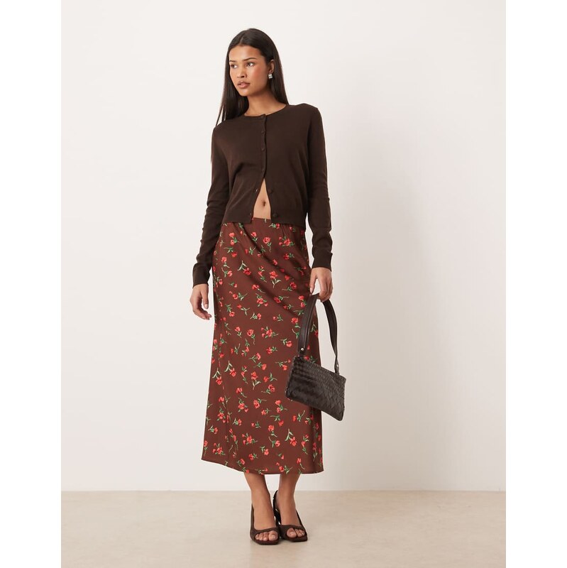 Wednesdays Girl bias midaxi skirt in brown floral print