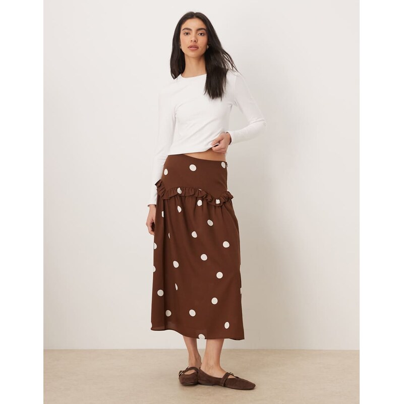 Wednesdays Girl ruffle midi skirt in brown polka dot-Multi 114688103