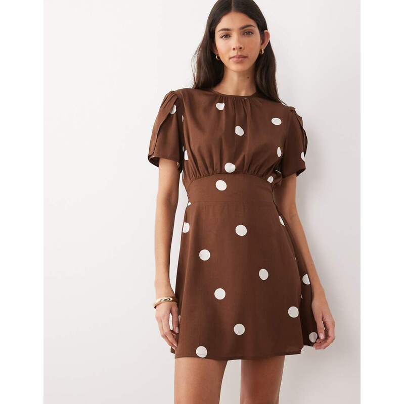 Wednesdays Girl short sleeve brown polka dot mini dress-Multi