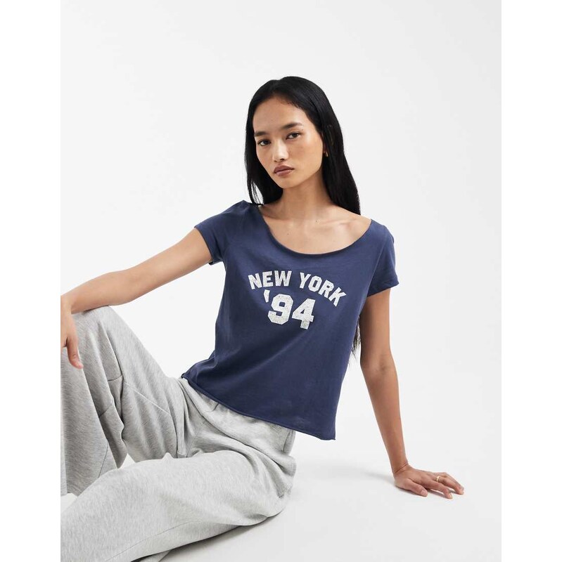 Cotton On off the shoulder t-shirt with new york graphic in steely 114688108