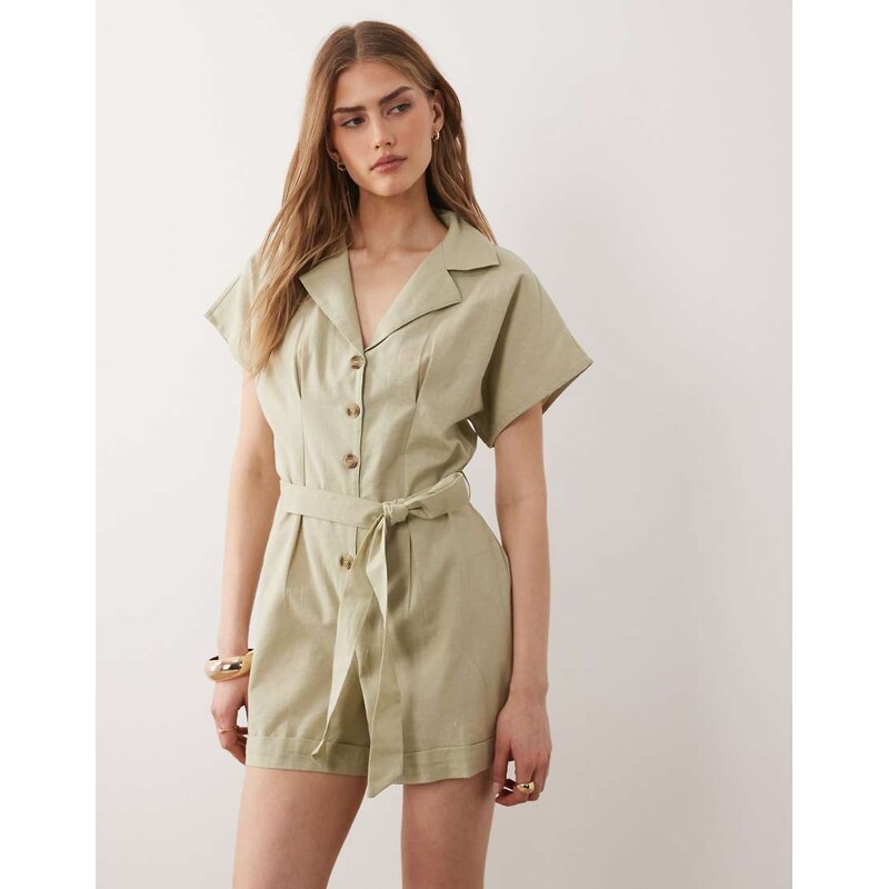 Wednesdays Girl button tie linen playsuit in sage green