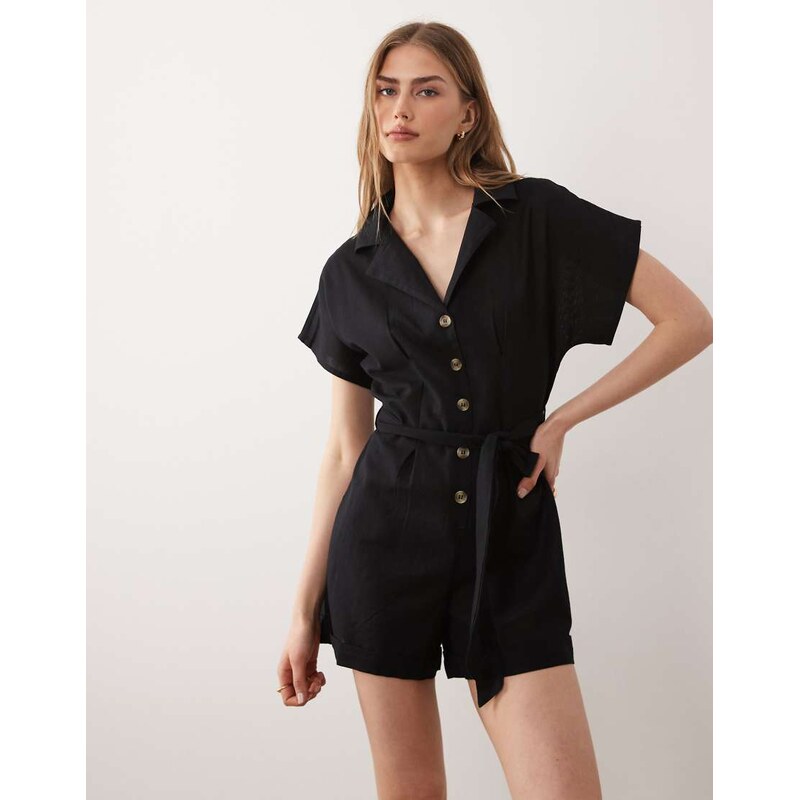 Wednesdays Girl button tie linen playsuit in black 114688134