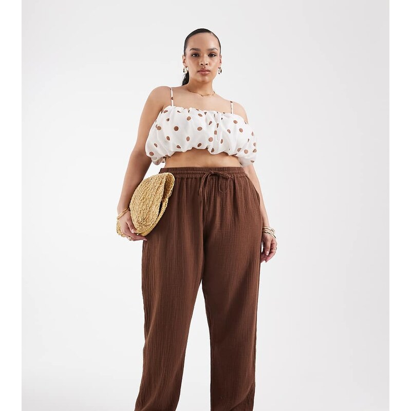 ONLY Curve wide leg cheesecloth trouser in brown