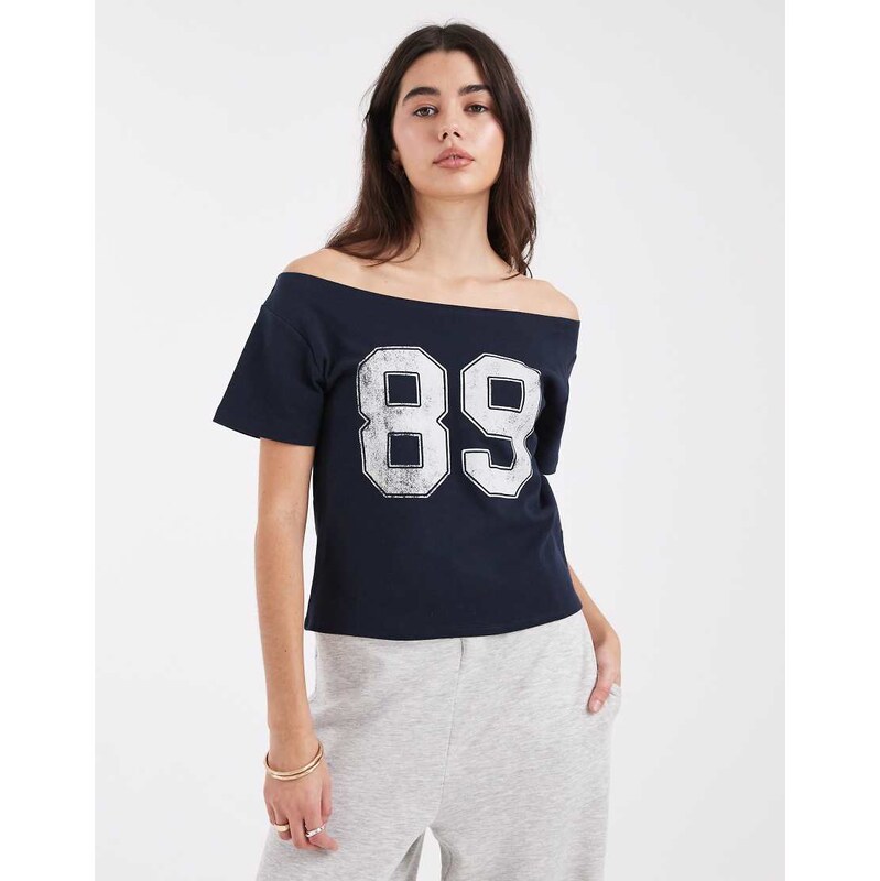 Cotton On sporty off shoulder graphic tee in total eclipse-Navy 114688138