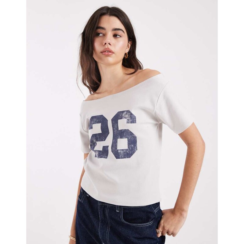 Cotton On sporty off shoulder graphic tee in smoke-Grey 114688141